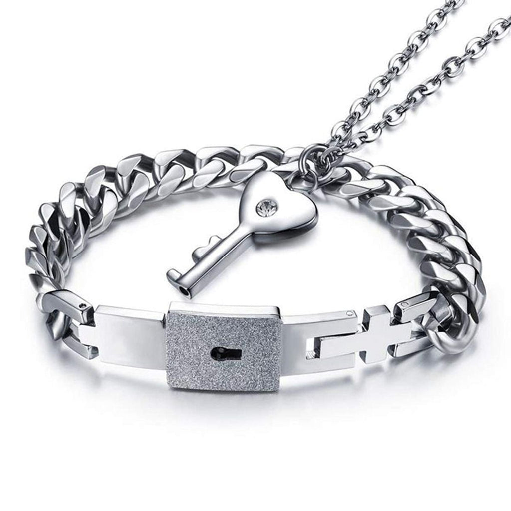 Key Lock Pendant Chain Silver Stainless Steel Bracelet For Couple
