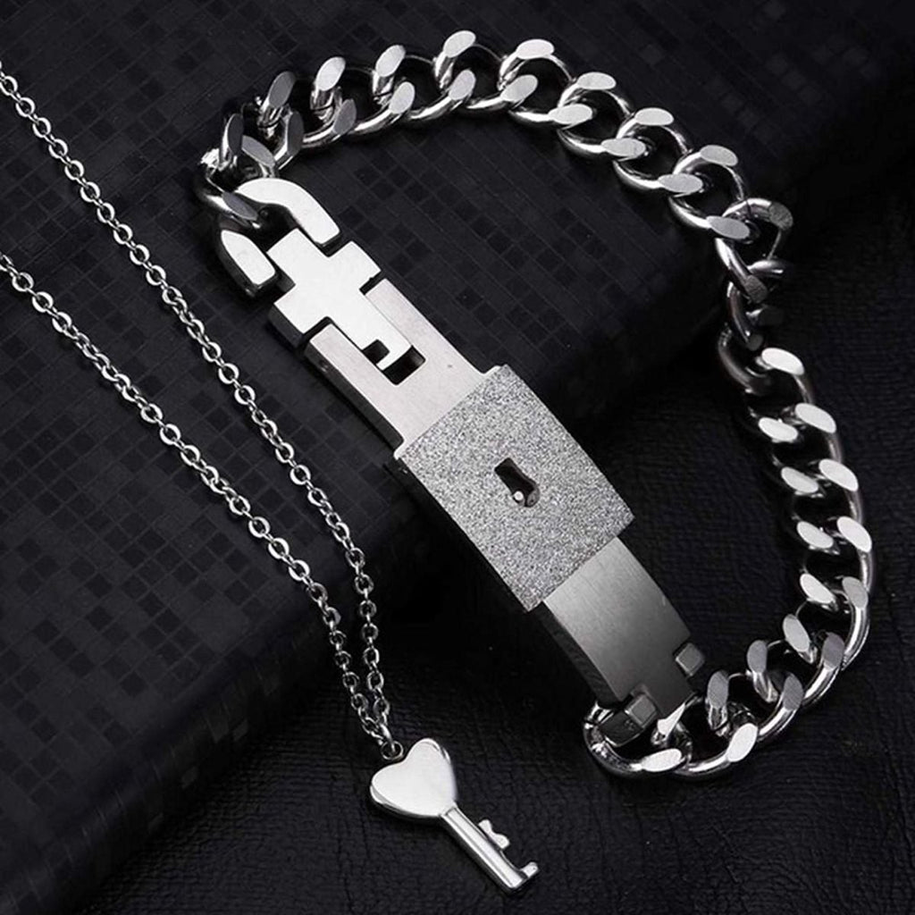 Key Lock Pendant Chain Silver Stainless Steel Bracelet For Couple