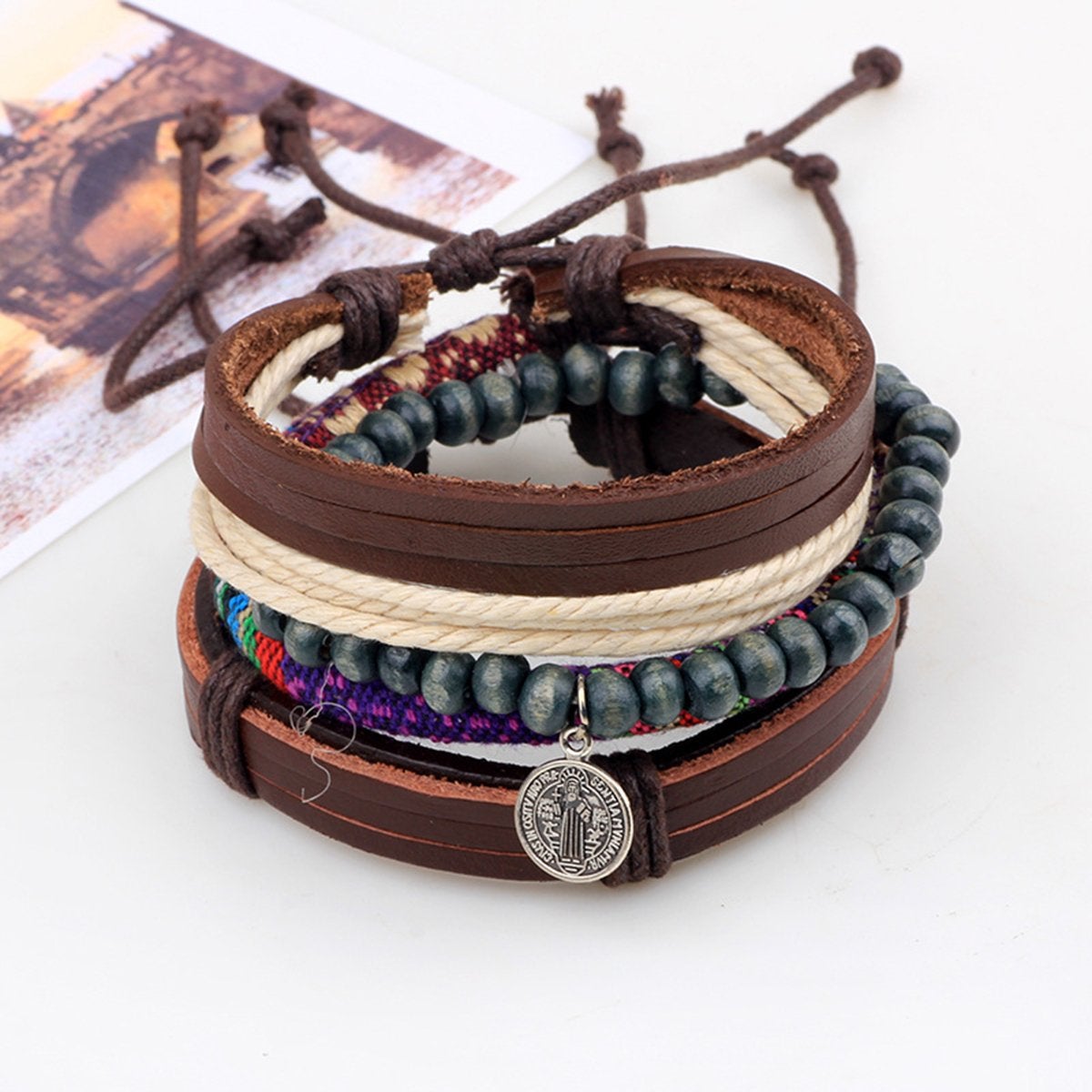 Braided Leather Charm Wrist Band Multi Strand Stackable Bracelet Bulk