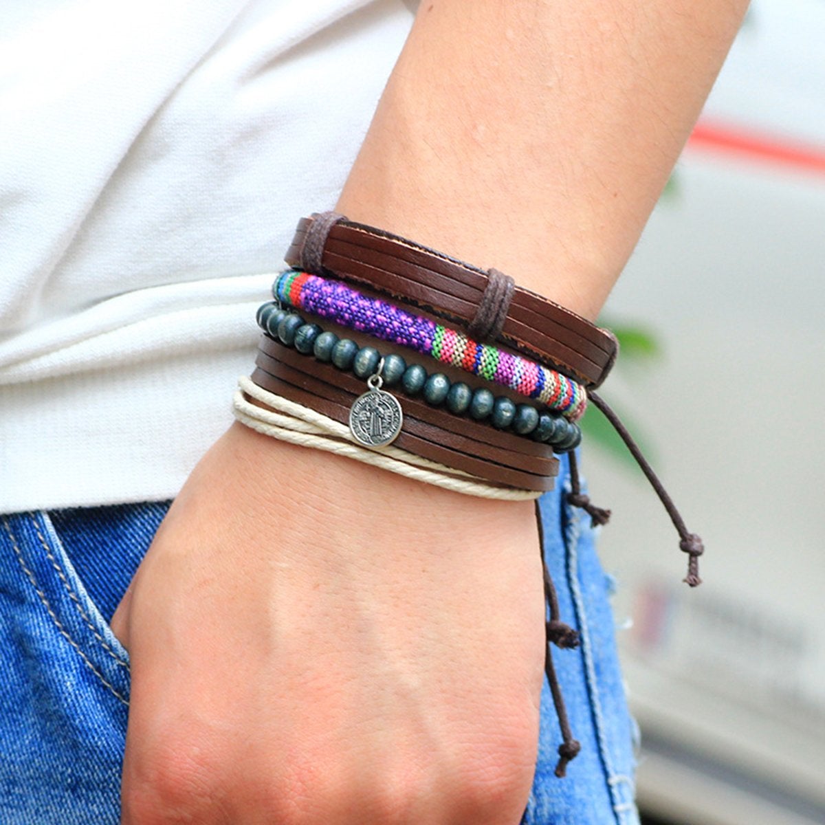 Braided Leather Charm Wrist Band Multi Strand Stackable Bracelet Bulk
