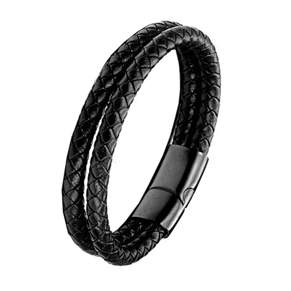 Two Layer Rope Black Leather Charm Wrist Band Strand Bracelet Men Secondary image