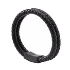 Two Layer Rope Black Leather Charm Wrist Band Strand Bracelet Men