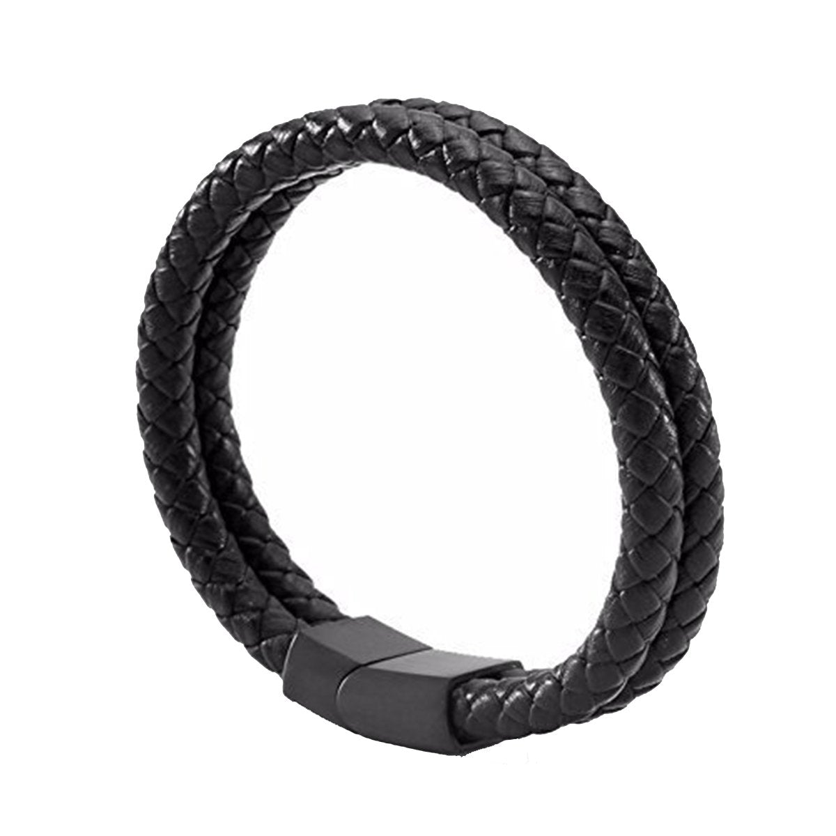 Two Layer Rope Black Leather Charm Wrist Band Strand Bracelet Men