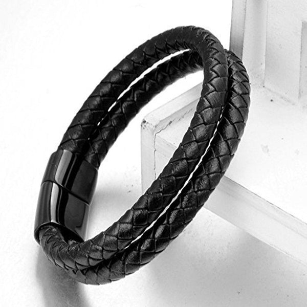 Two Layer Rope Black Leather Charm Wrist Band Strand Bracelet Men Main image