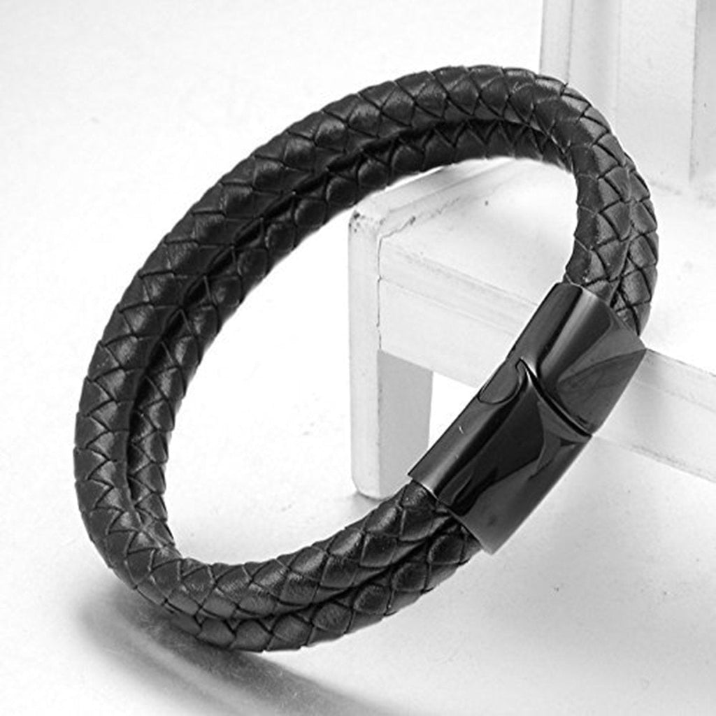 Two Layer Rope Black Leather Charm Wrist Band Strand Bracelet Men