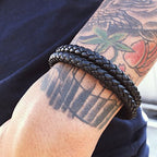 Two Layer Rope Black Leather Charm Wrist Band Strand Bracelet Men