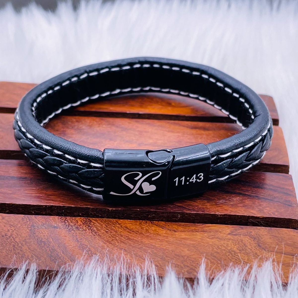 Braided Black Leather Wrist Band Multi Strand Personalized Engraved Bracelet Men Main image