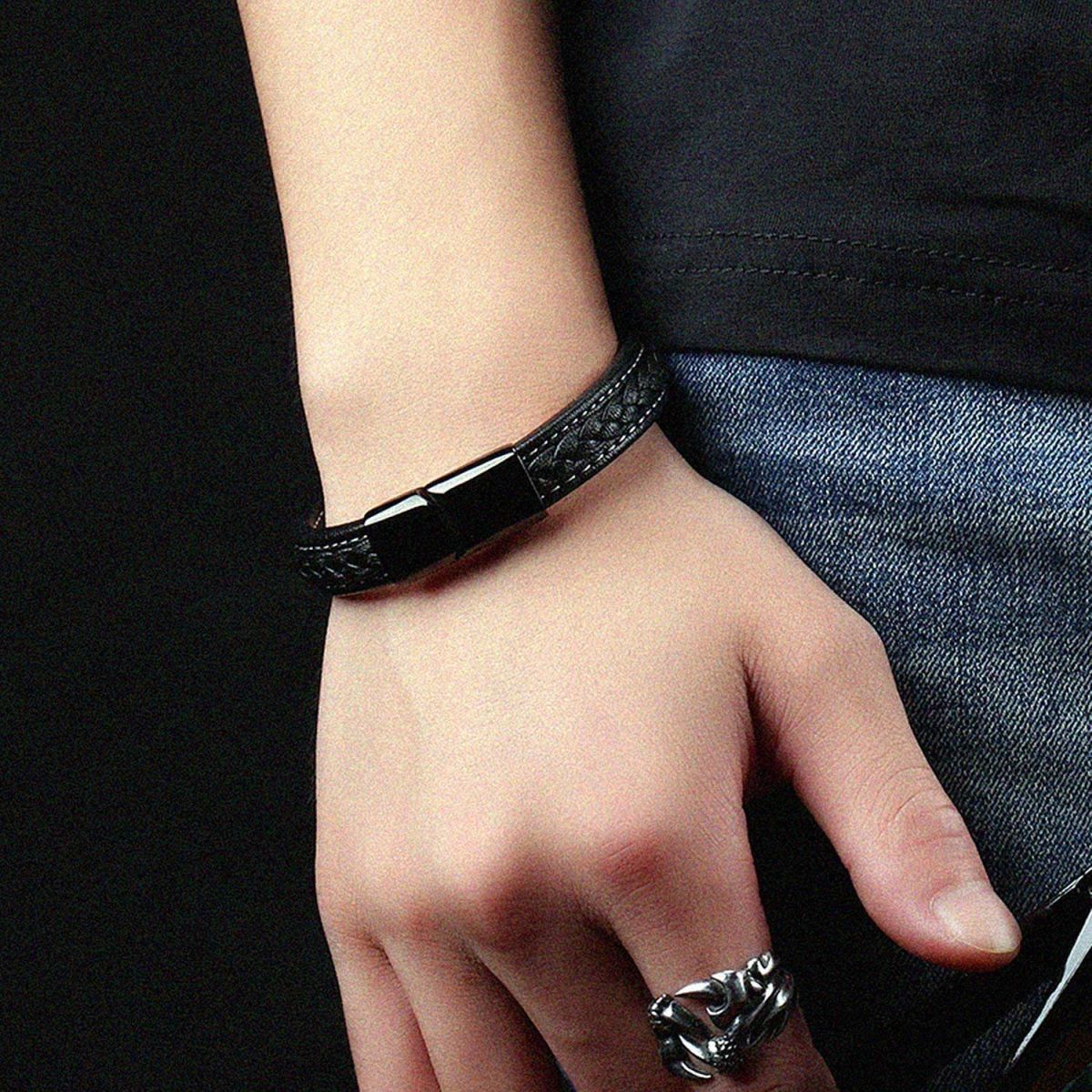 Braided Black Leather Wrist Band Multi Strand Bracelet Men Bulk