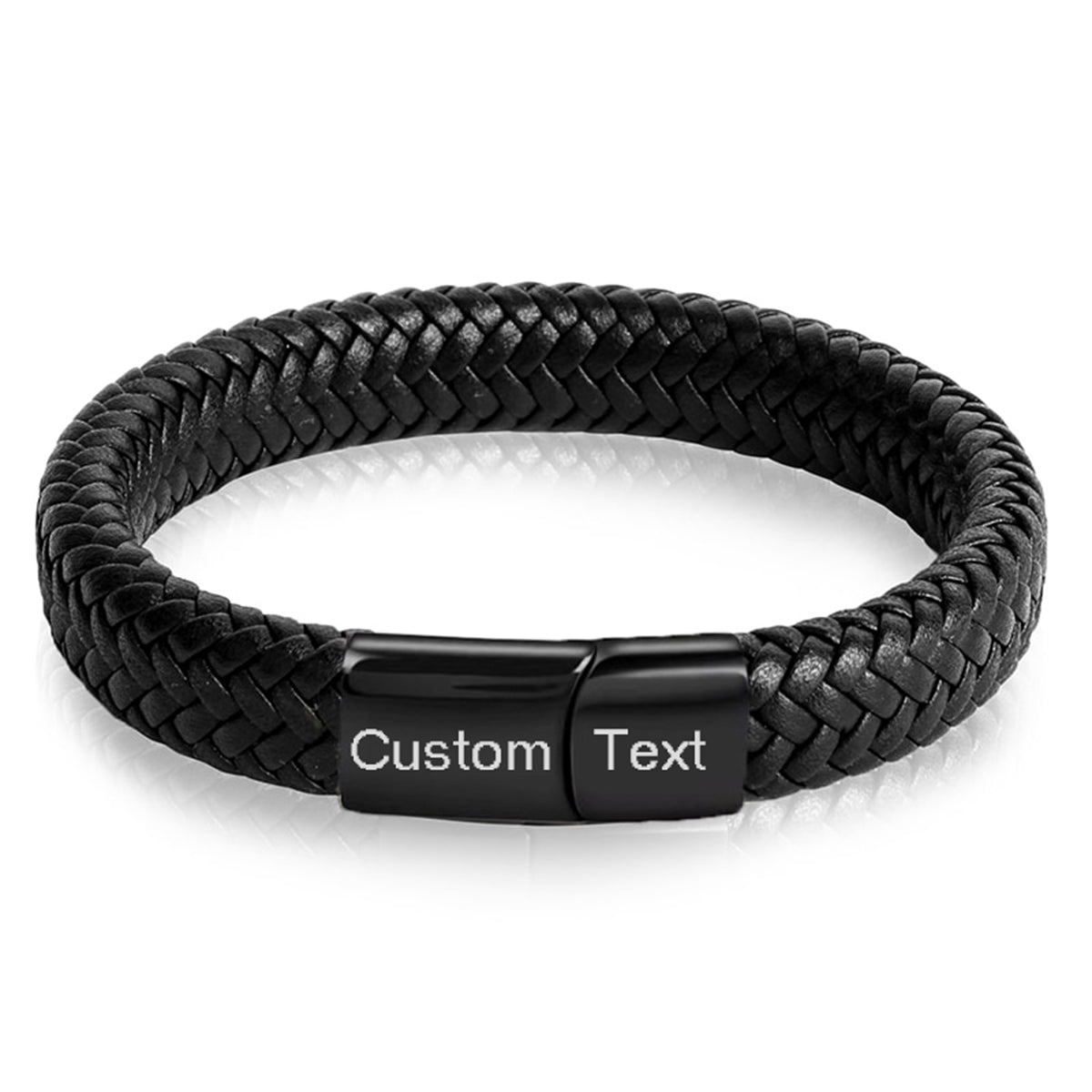 Rope Crafted Braided Black Leather Magnetic Clasp Wrist Band Personalized Engraved Bracelet Main image