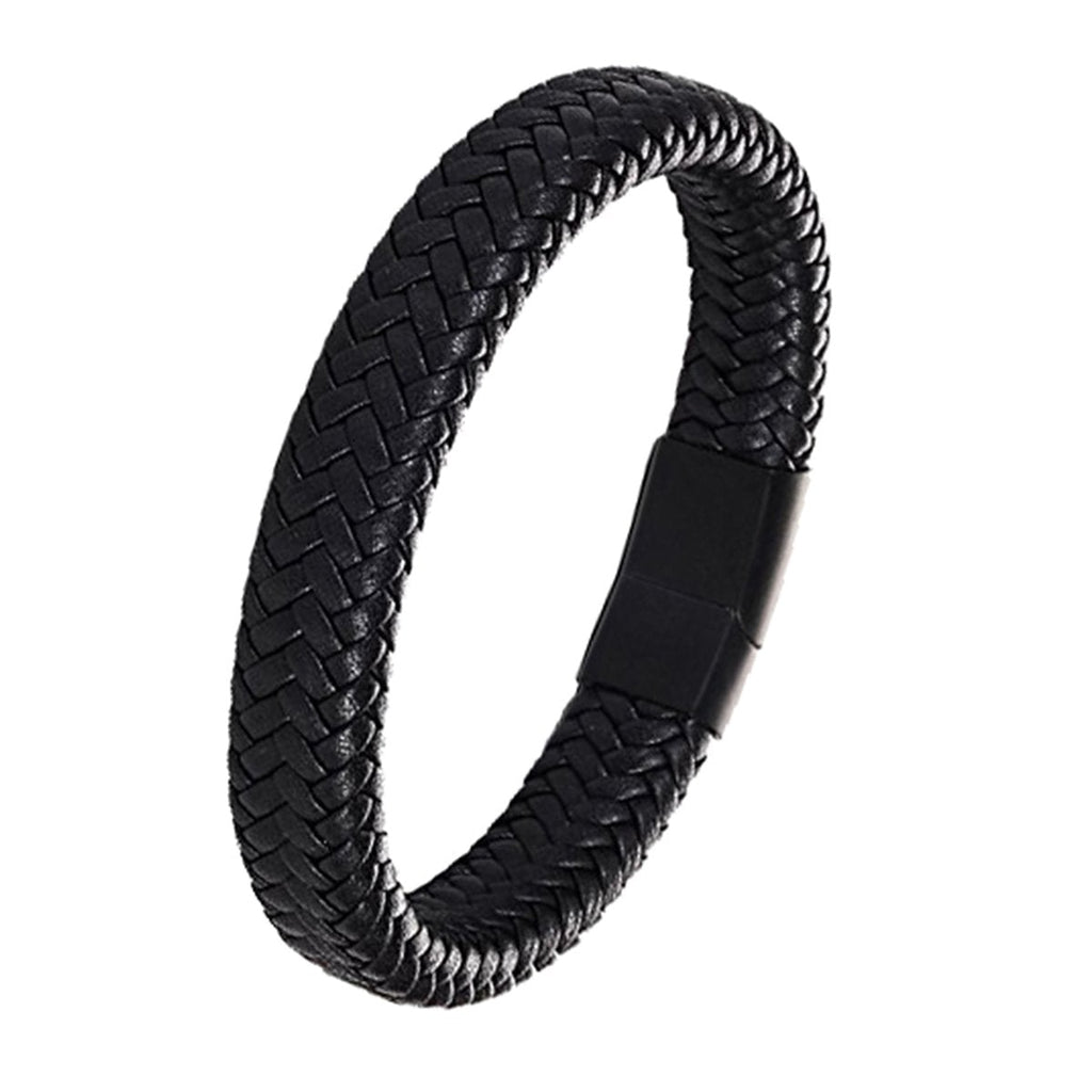 Rope Crafted Braided Black Leather Magnetic Clasp Wrist Band Bracelet