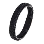 Rope Crafted Braided Black Leather Magnetic Clasp Wrist Band Bracelet
