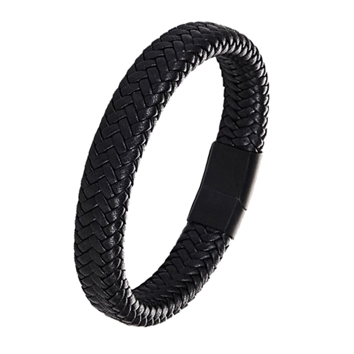 Rope Crafted Braided Black Leather Magnetic Clasp Wrist Band Bracelet