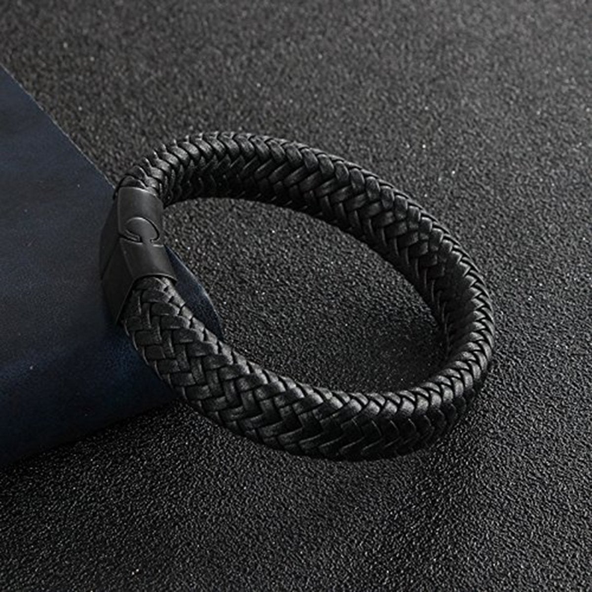 Rope Crafted Braided Black Leather Magnetic Clasp Wrist Band Bracelet Main image