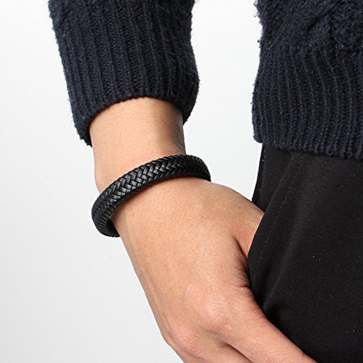 Rope Crafted Braided Black Leather Magnetic Clasp Wrist Band Bracelet