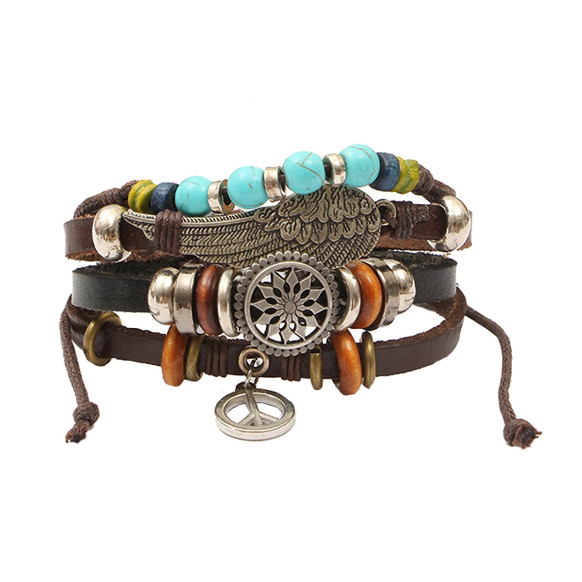 Peace Beads Black Leather Charm Wrist Band Multi Strand Bracelet Bulk Secondary image