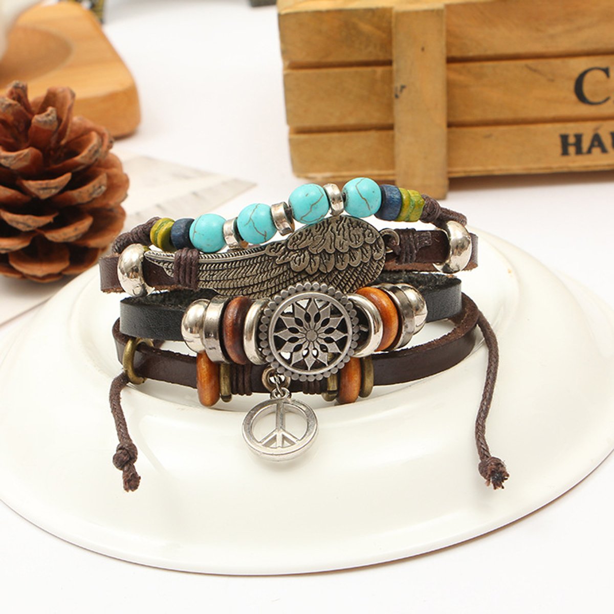 Peace Beads Black Leather Charm Wrist Band Multi Strand Bracelet Bulk