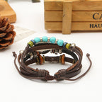 Peace Beads Black Leather Charm Wrist Band Multi Strand Bracelet Bulk
