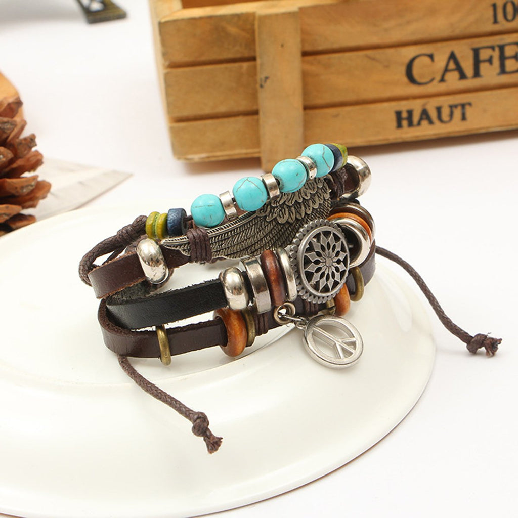 Peace Beads Black Leather Charm Wrist Band Multi Strand Bracelet Bulk