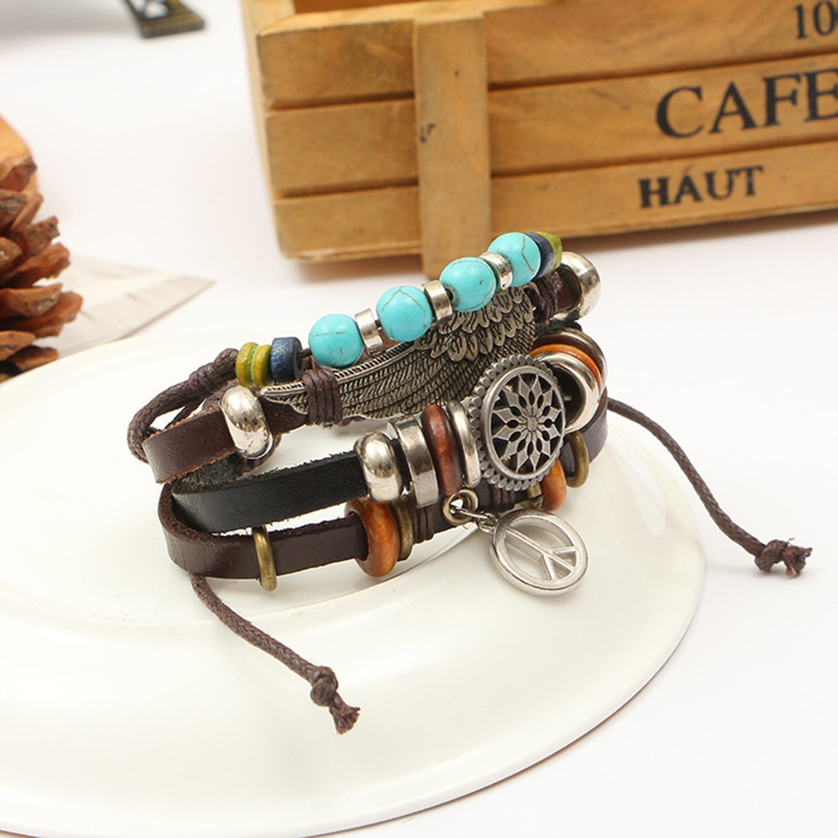 Peace Beads Black Leather Charm Wrist Band Multi Strand Bracelet Bulk