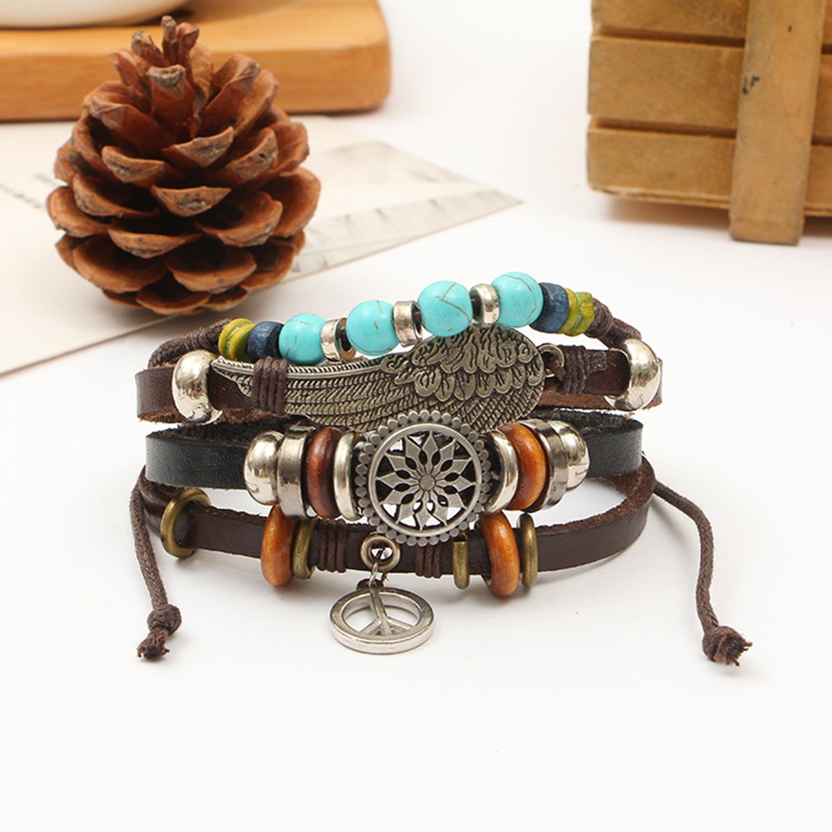 Peace Beads Black Leather Charm Wrist Band Multi Strand Bracelet Bulk