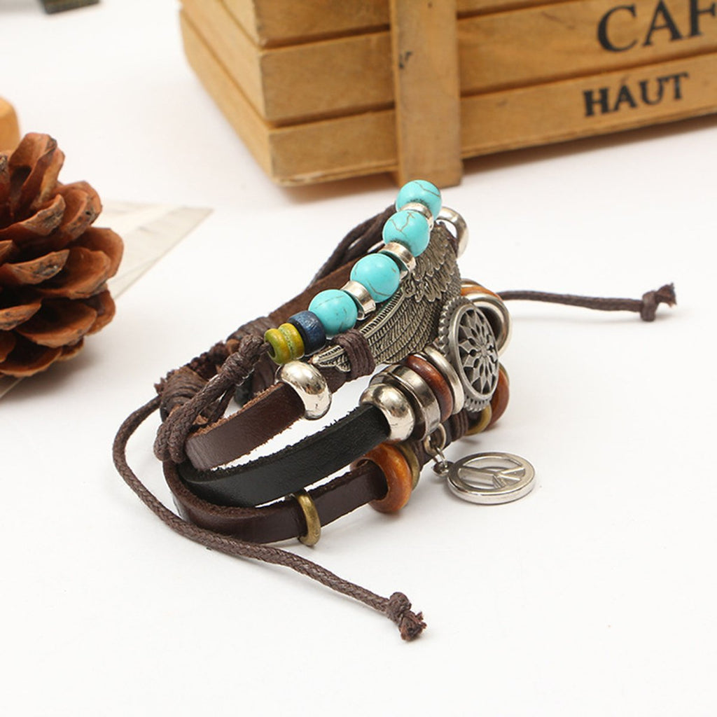 Peace Beads Black Leather Charm Wrist Band Multi Strand Bracelet Bulk