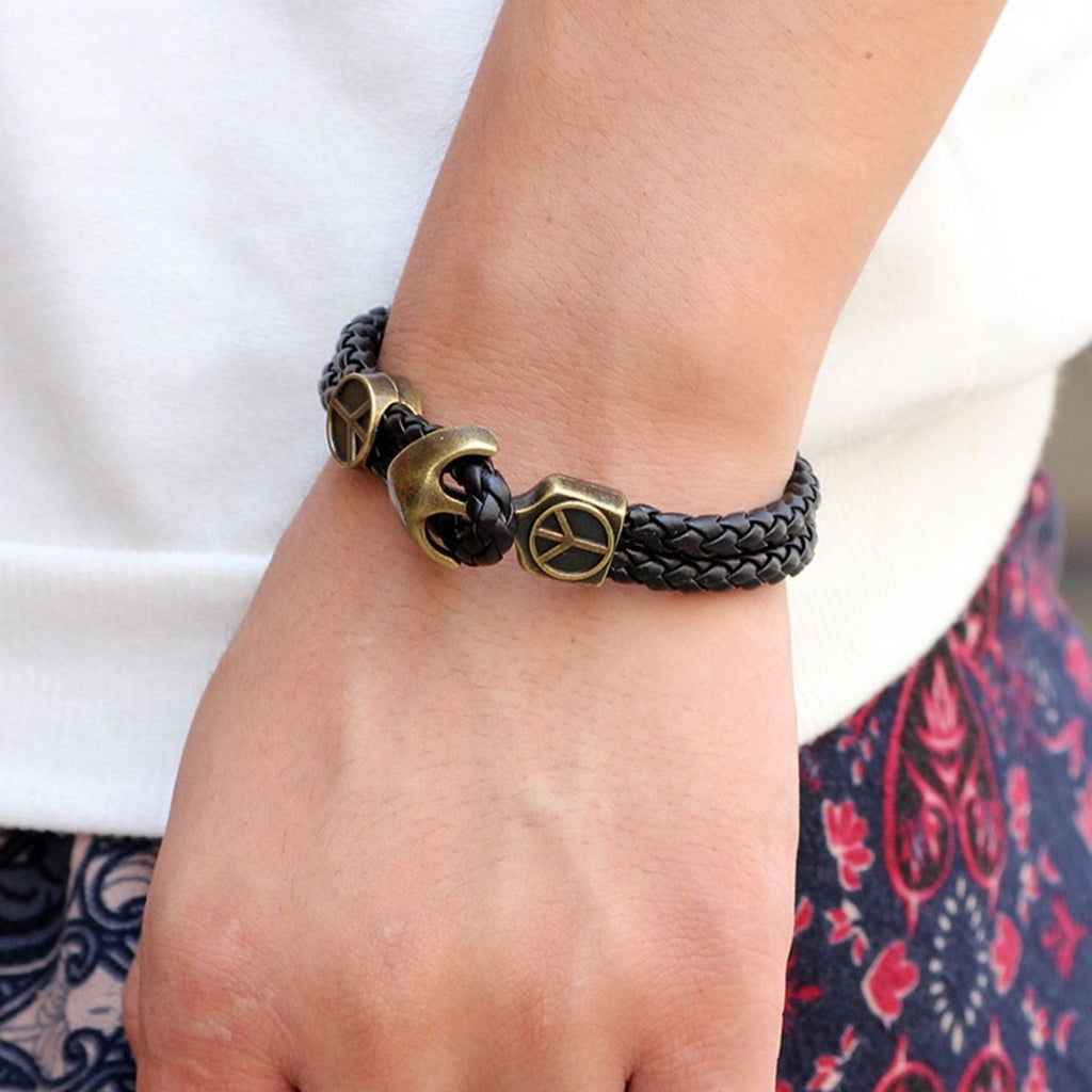 Antique Anchor Braided Black Leather Wrist Band Strand Bracelet Bulk
