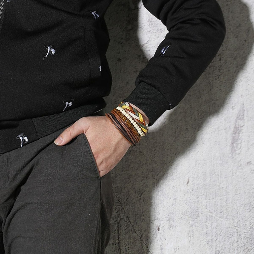 Braided Beads Black Leather Wrist Band Multi Strand Stackable Bracelet