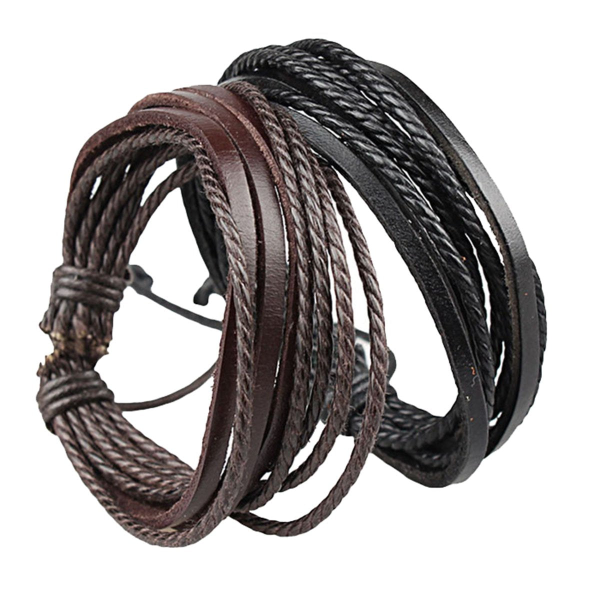 Dual Braided Black Leather Charm Wrist Band Multi Strand Bracelet Secondary image