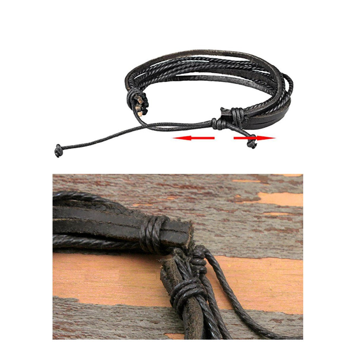 Dual Braided Black Leather Charm Wrist Band Multi Strand Bracelet