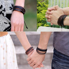 Dual Braided Black Leather Charm Wrist Band Multi Strand Bracelet