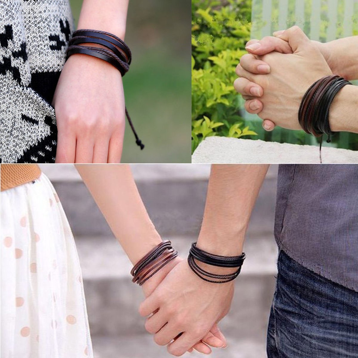 Dual Braided Black Leather Charm Wrist Band Multi Strand Bracelet