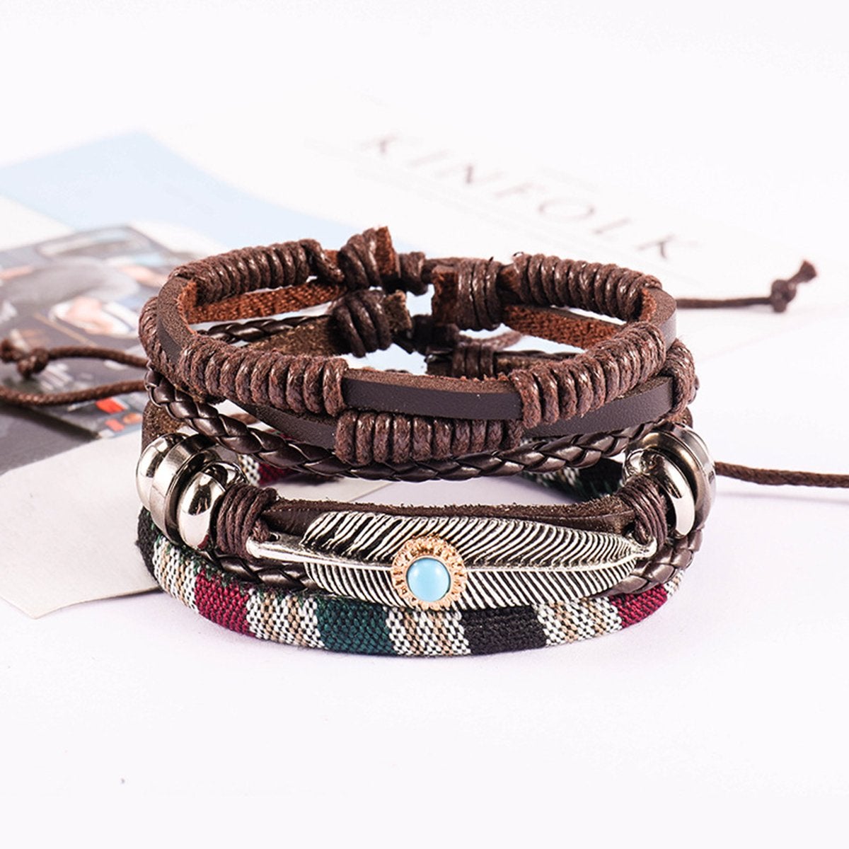 Crafted Leather Charm Wrist Band Multi Strand Stackable Bracelet Bulk