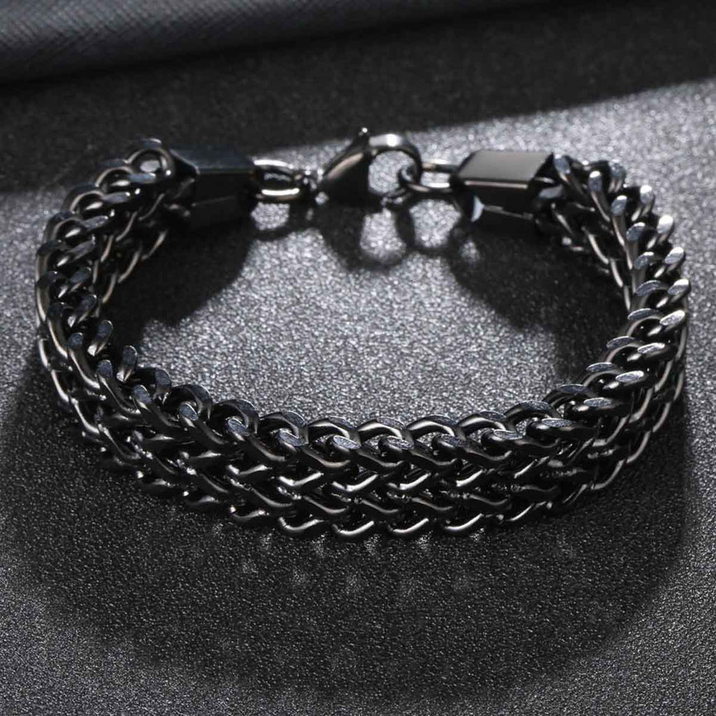 Stylish Dual Curb Glossy Black 316L Stainless Steel Bracelet Men Bulk