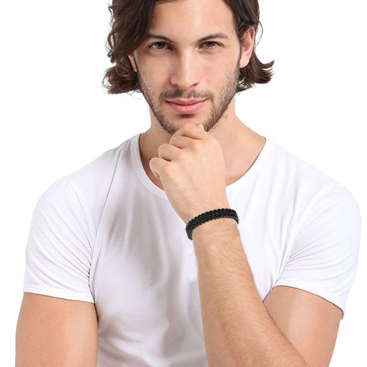 Stylish Dual Curb Glossy Black 316L Stainless Steel Bracelet Men Bulk