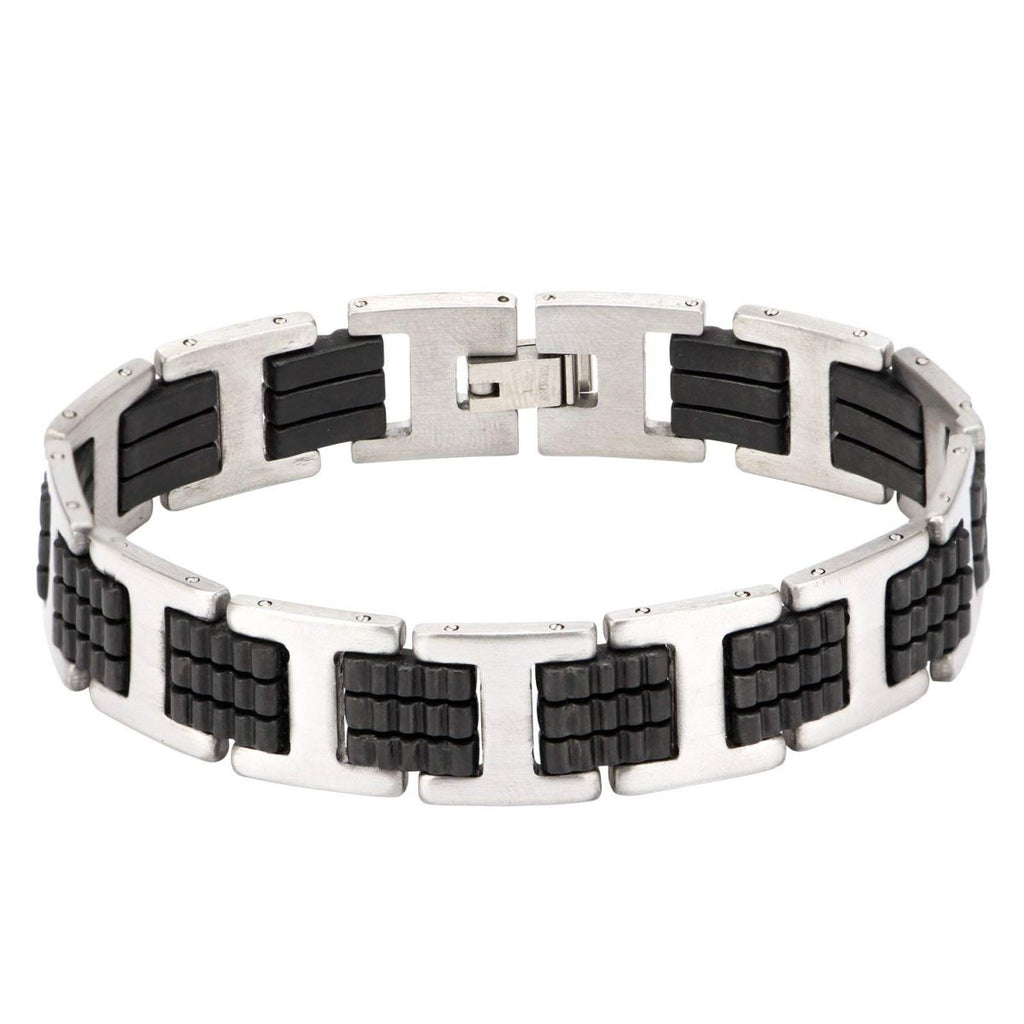 Stylish Rubber 316L Stainless Steel Black Silver Bracelet Men Bulk