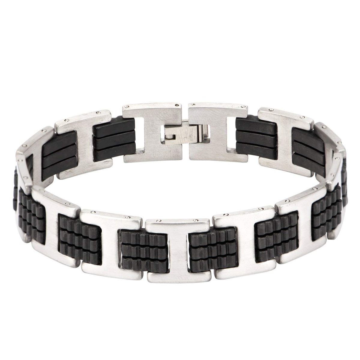 Stylish Rubber 316L Stainless Steel Black Silver Bracelet Men Bulk