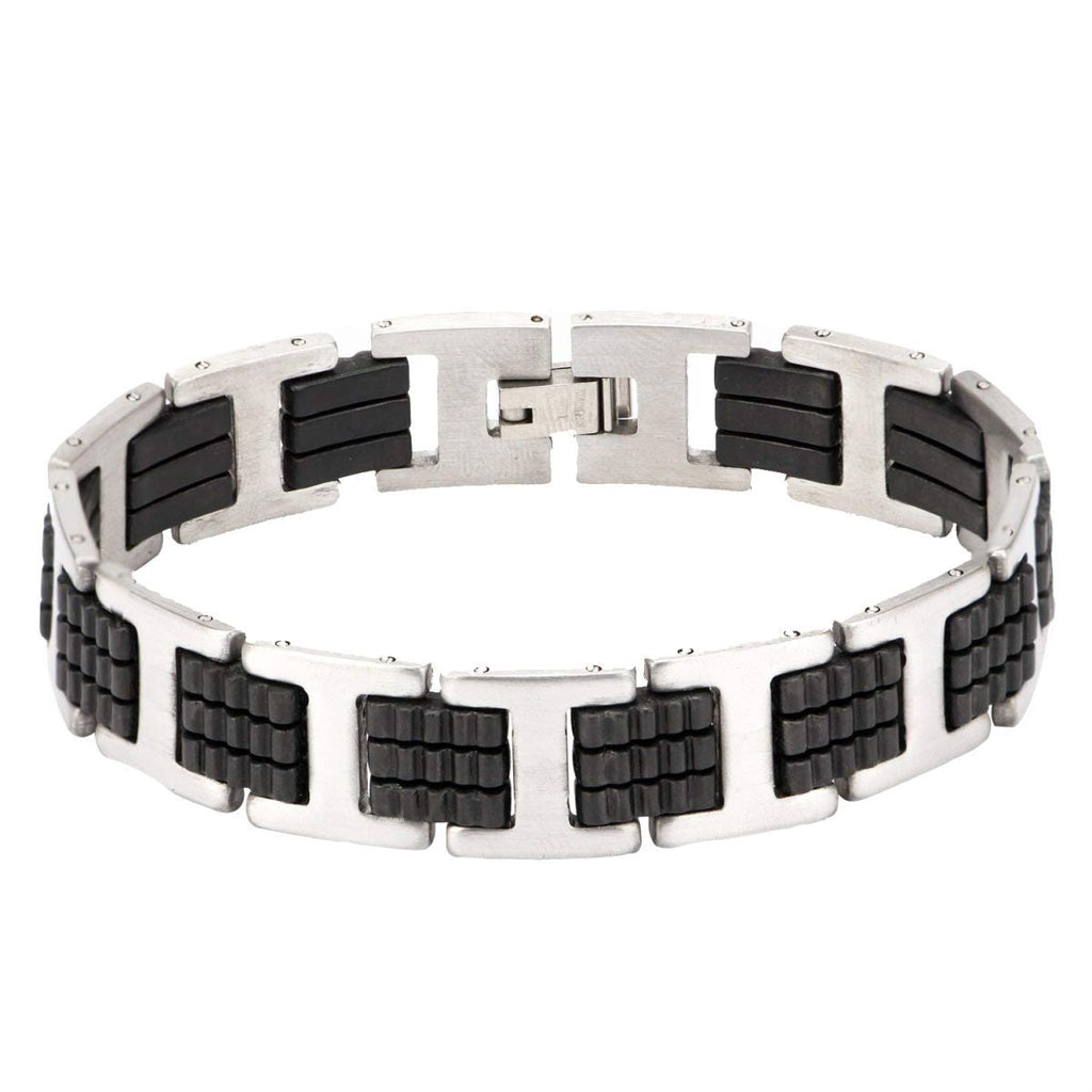 Stylish Rubber 316L Stainless Steel Black Silver Bracelet Men Bulk