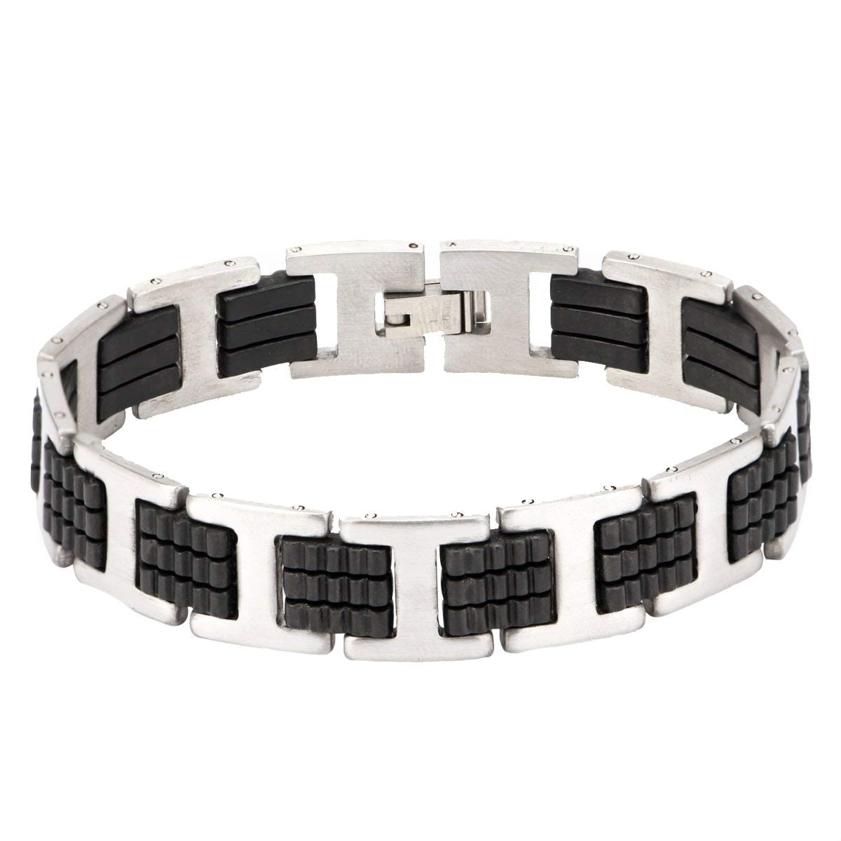 Stylish Rubber 316L Stainless Steel Black Silver Bracelet Men Bulk