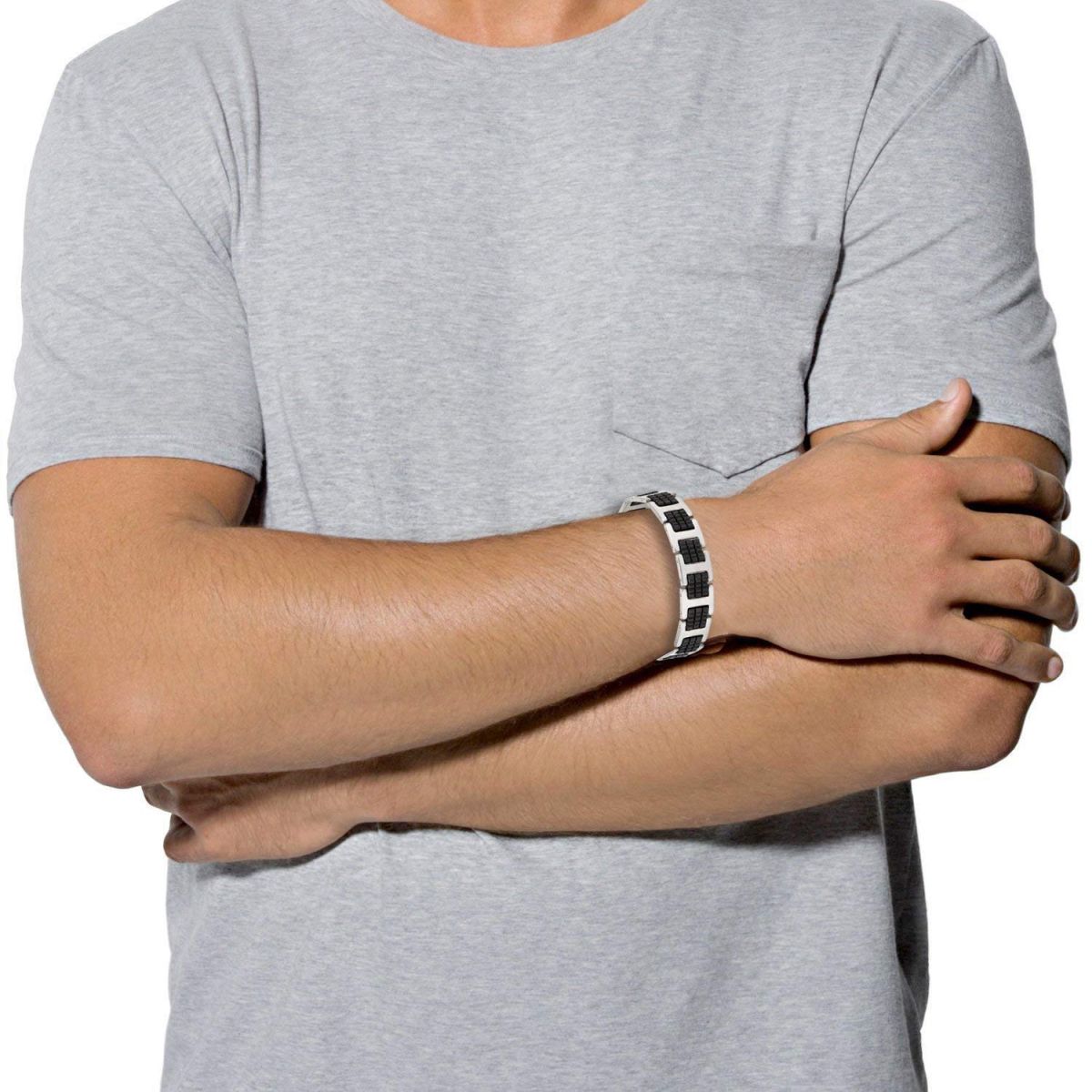 Stylish Rubber 316L Stainless Steel Black Silver Bracelet Men Bulk