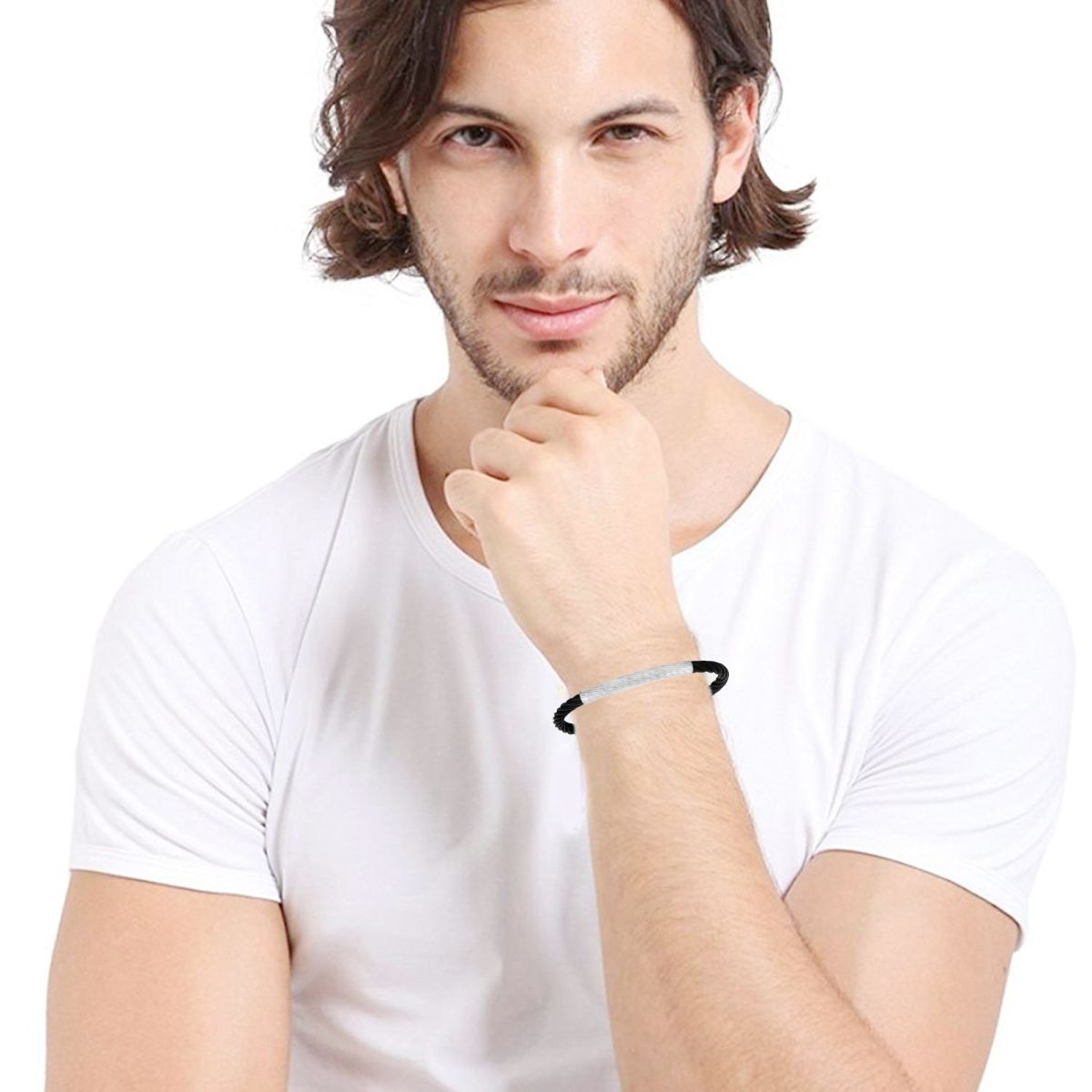 Slim Smart Black Silver Stainless Steel Cuff Kada Bangle Bracelet Bulk