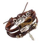 Believe Brown Leather Beads Charm Multi-Strand Unisex Bracelet Bulk