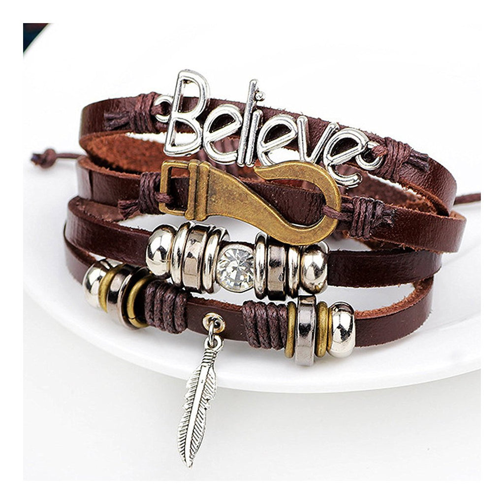 Believe Brown Leather Beads Charm Multi-Strand Unisex Bracelet Bulk
