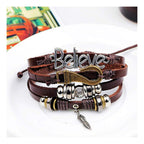 Believe Brown Leather Beads Charm Multi-Strand Unisex Bracelet Bulk