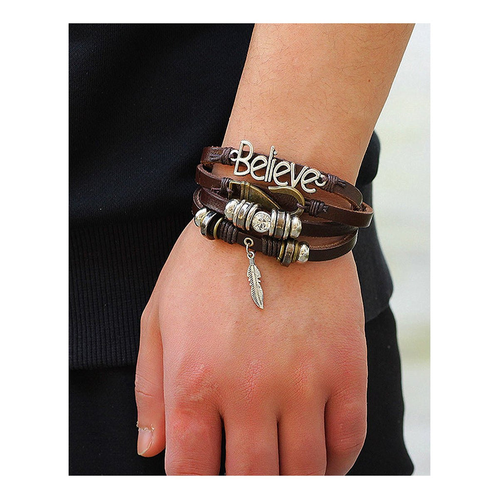 Believe Brown Leather Beads Charm Multi-Strand Unisex Bracelet Bulk
