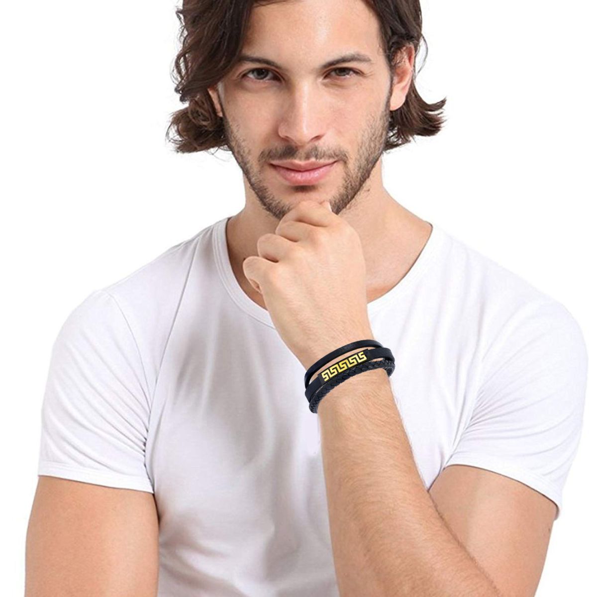 Wrist Black Leather Stainless Steel Magnetic Bracelet Men Bulk