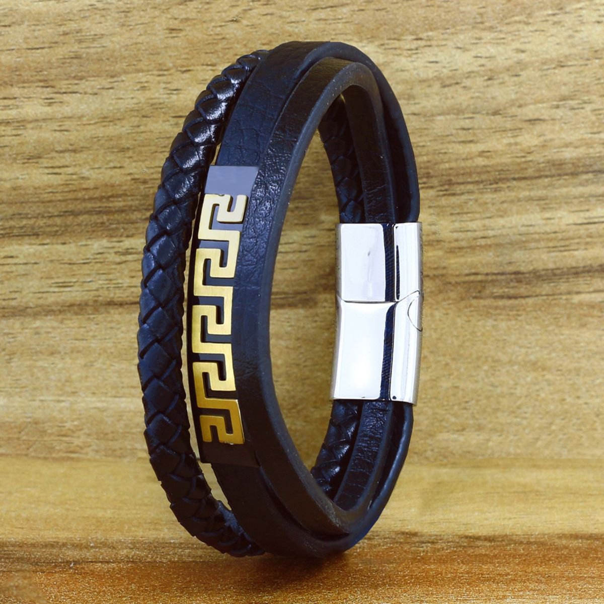 Wrist Black Leather Stainless Steel Magnetic Bracelet Men Bulk