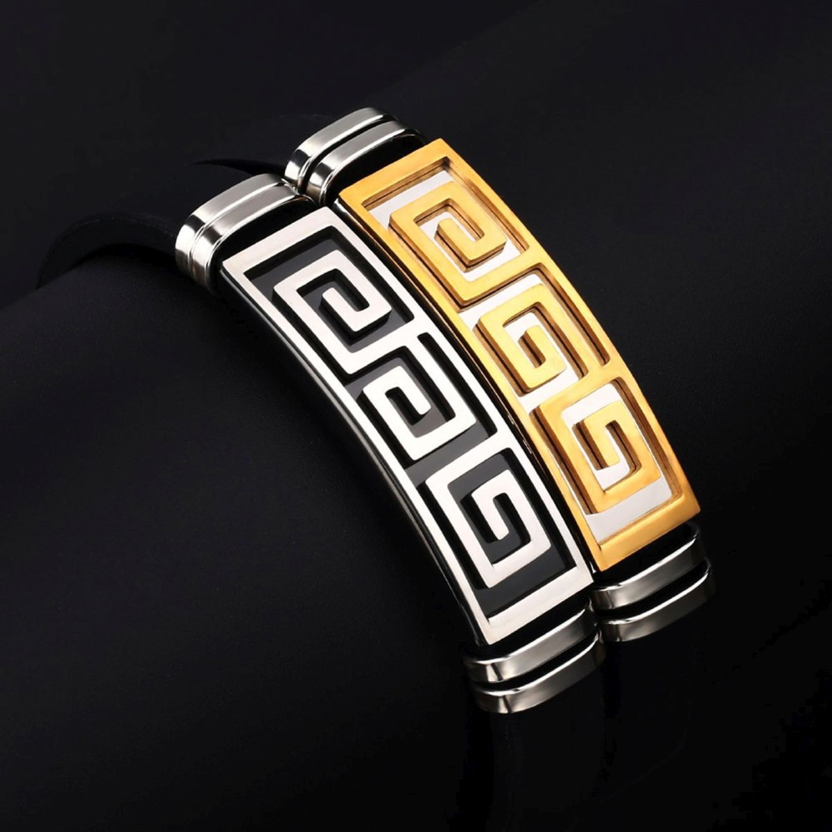 Trendy Gold Black Stainless Steel Silicone Wrist Band Bracelet Bulk