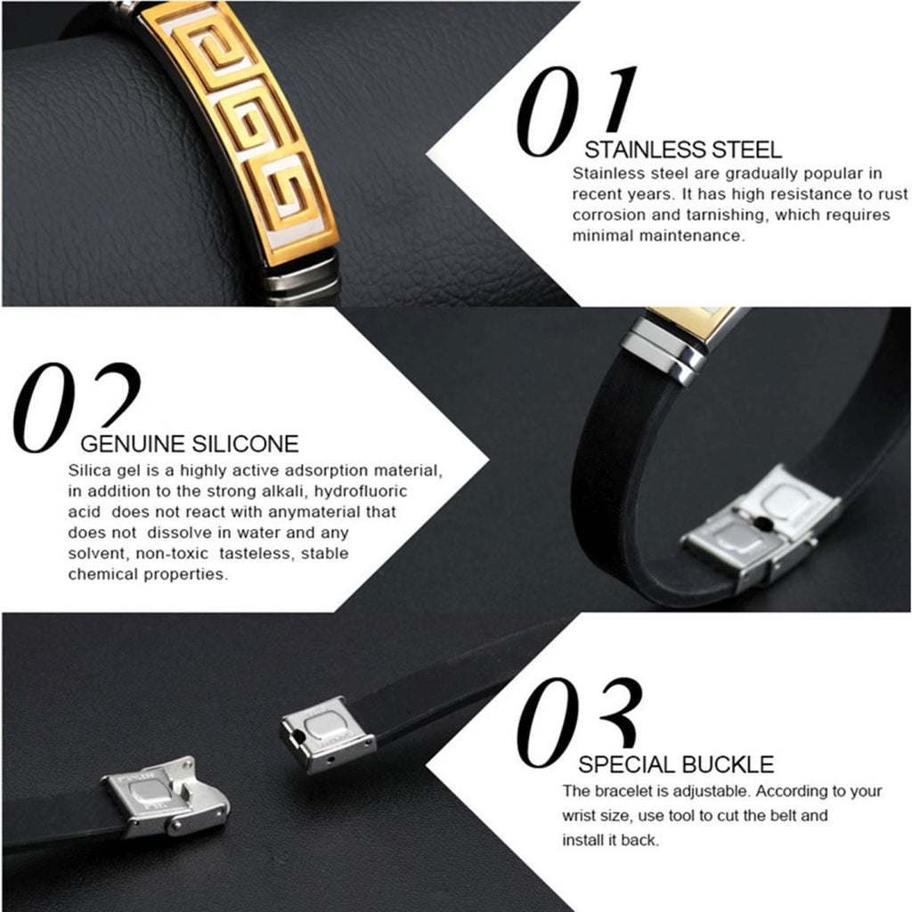 Trendy Gold Black Stainless Steel Silicone Wrist Band Bracelet Bulk