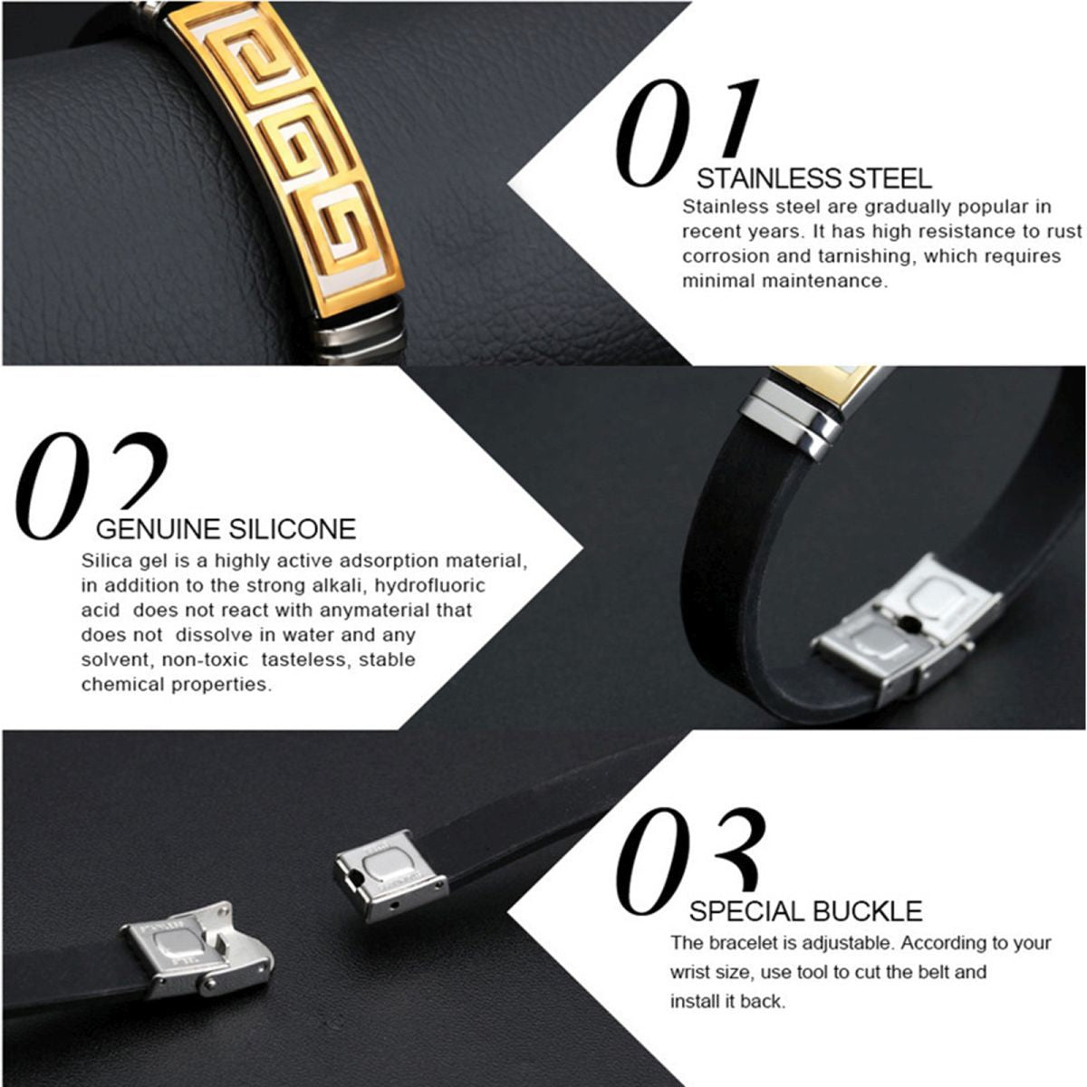 Trendy Gold Black Stainless Steel Silicone Wrist Band Bracelet Bulk