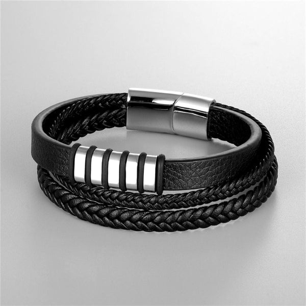 Layered Braided Black Leather Stainless Steel Magnetic Clasp Bracelet For Men Main image